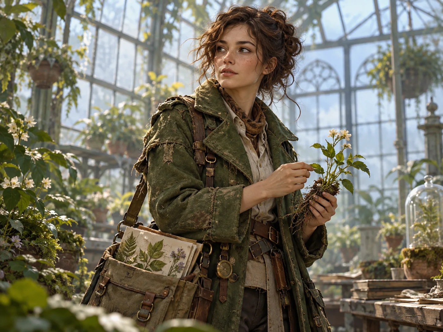 Original fictional field botanist character portrait with a weathered green coat, canvas satchel, and greenhouse backdrop