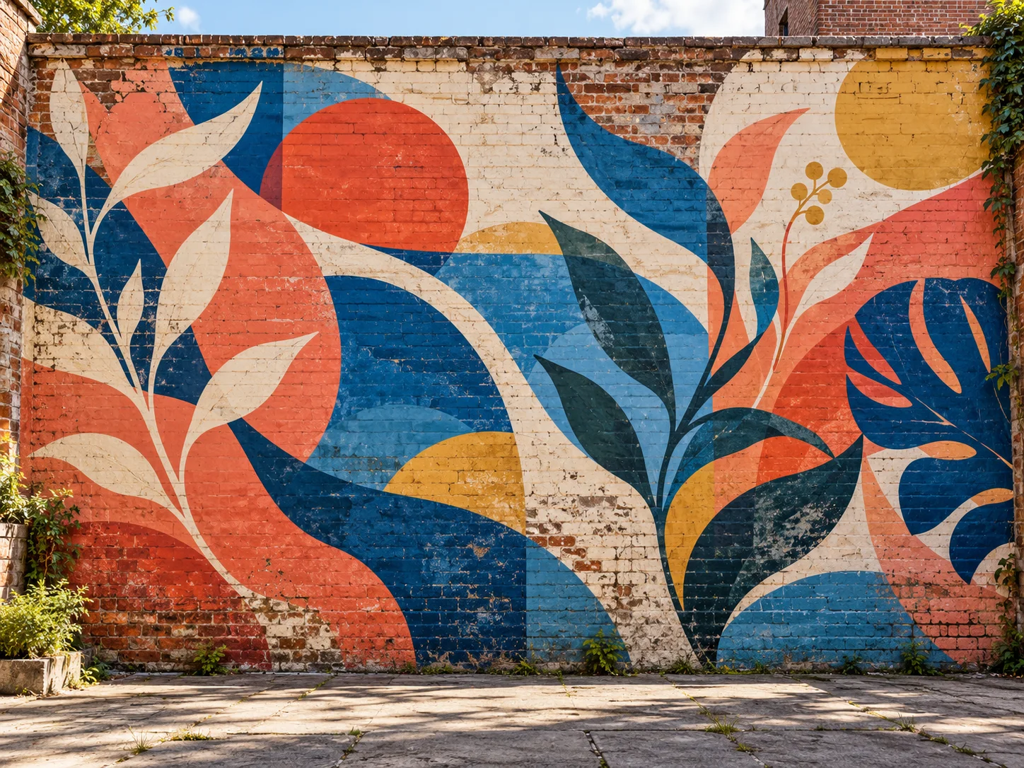 Colorful abstract mural concept with layered geometric shapes painted on a weathered brick wall, without readable lettering
