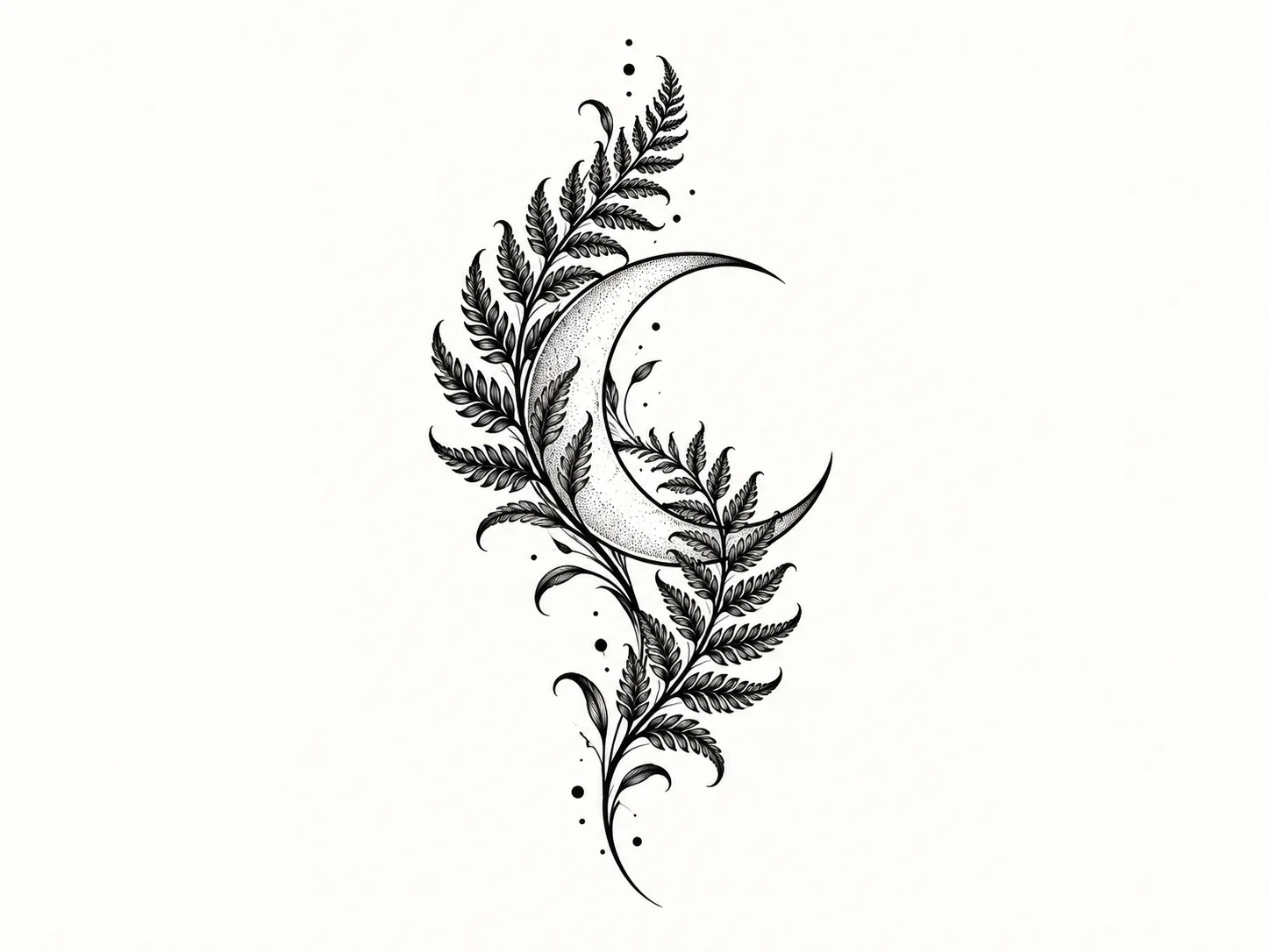 Blackwork botanical tattoo flash concept with a crescent moon and flowing fern leaves on a plain light background