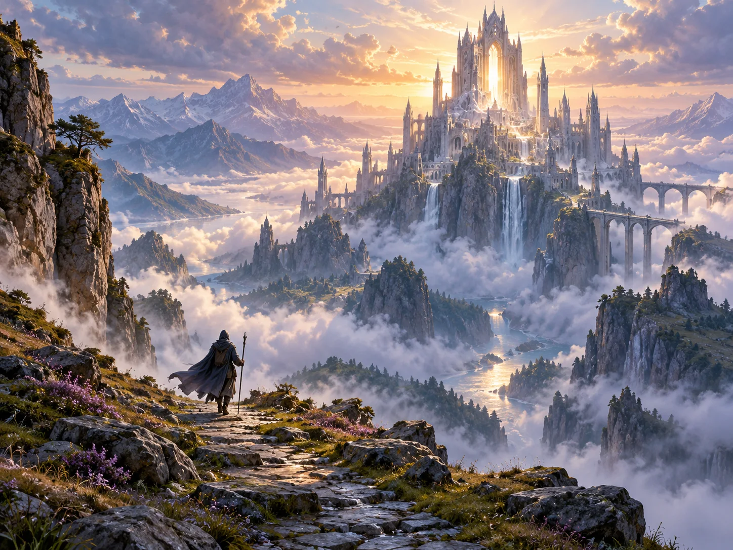 Fantasy landscape concept showing a small traveler approaching a luminous stone citadel among misty mountains