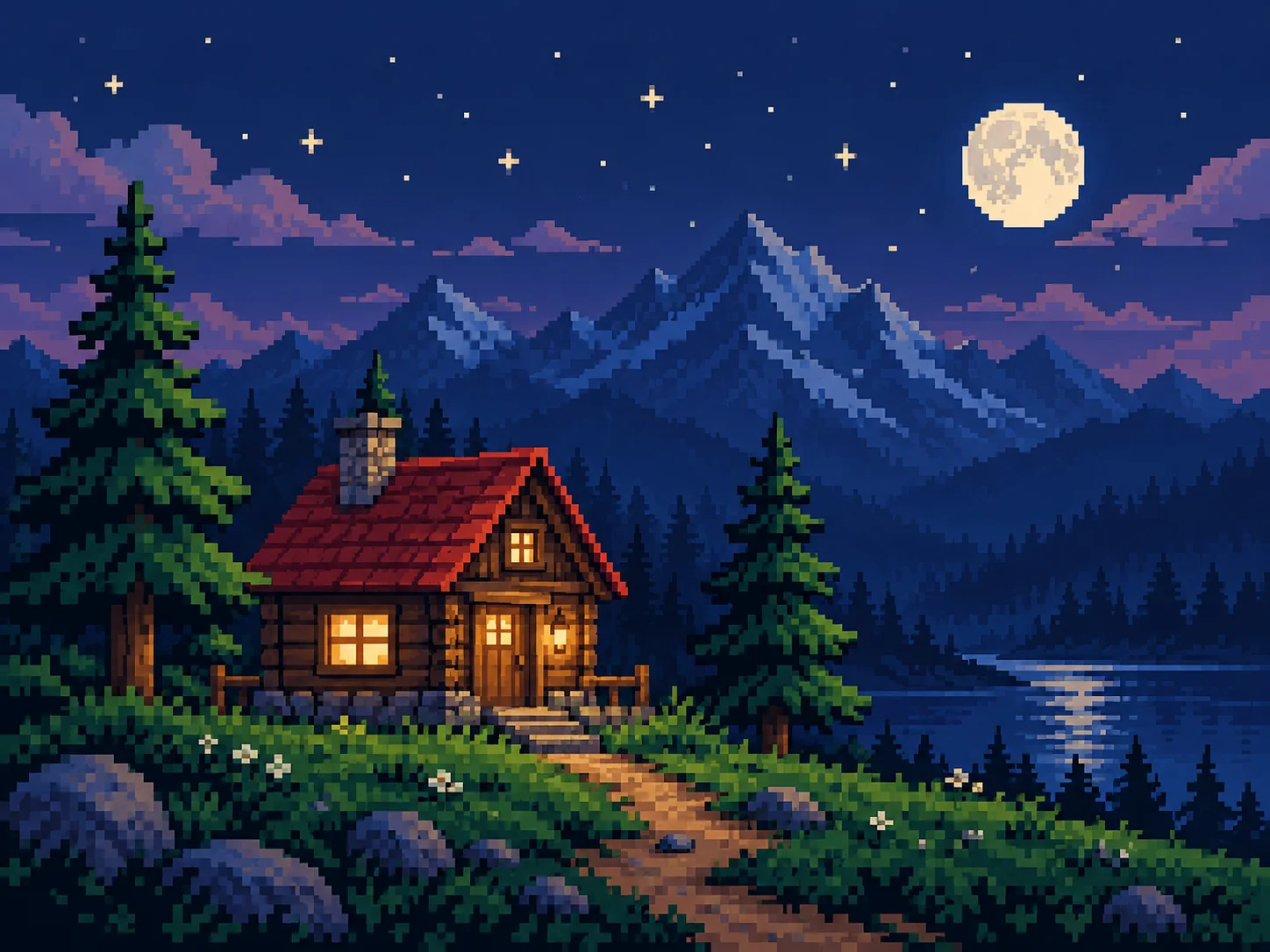 Pixel-inspired night scene with a small red-roofed house, blocky pine trees, and a limited indigo and amber palette