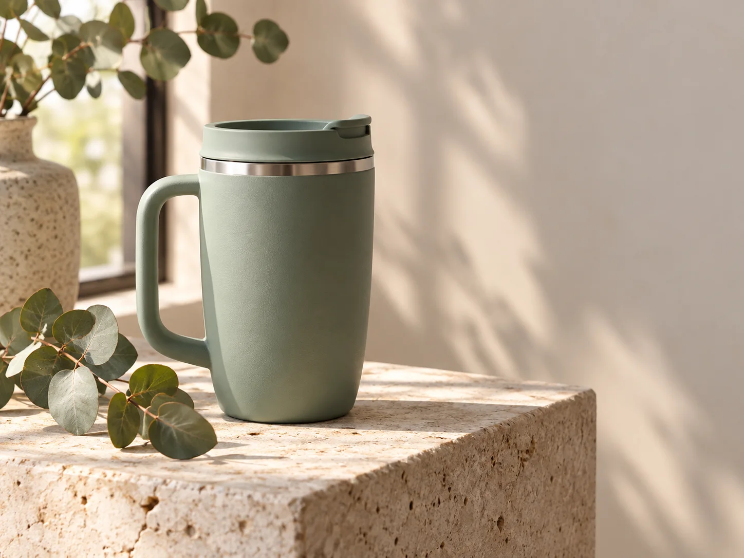 Sage ceramic tumbler product concept on a studio set