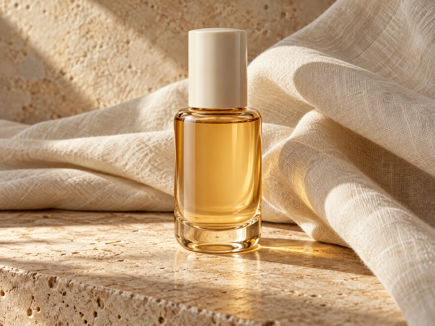 Amber glass serum bottle on cream linen and pale stone in a reference guided product scene