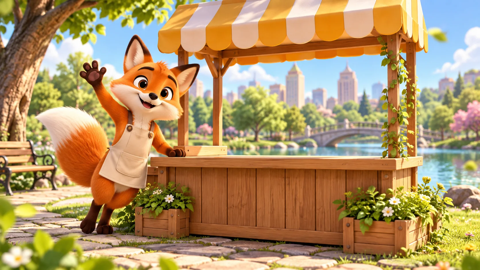 Fictional orange fox mascot concept in a bright original campaign scene