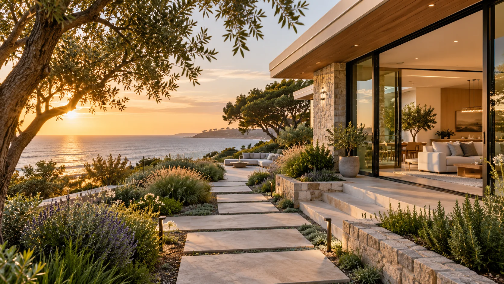 Modern coastal home exterior concept surrounded by native planting