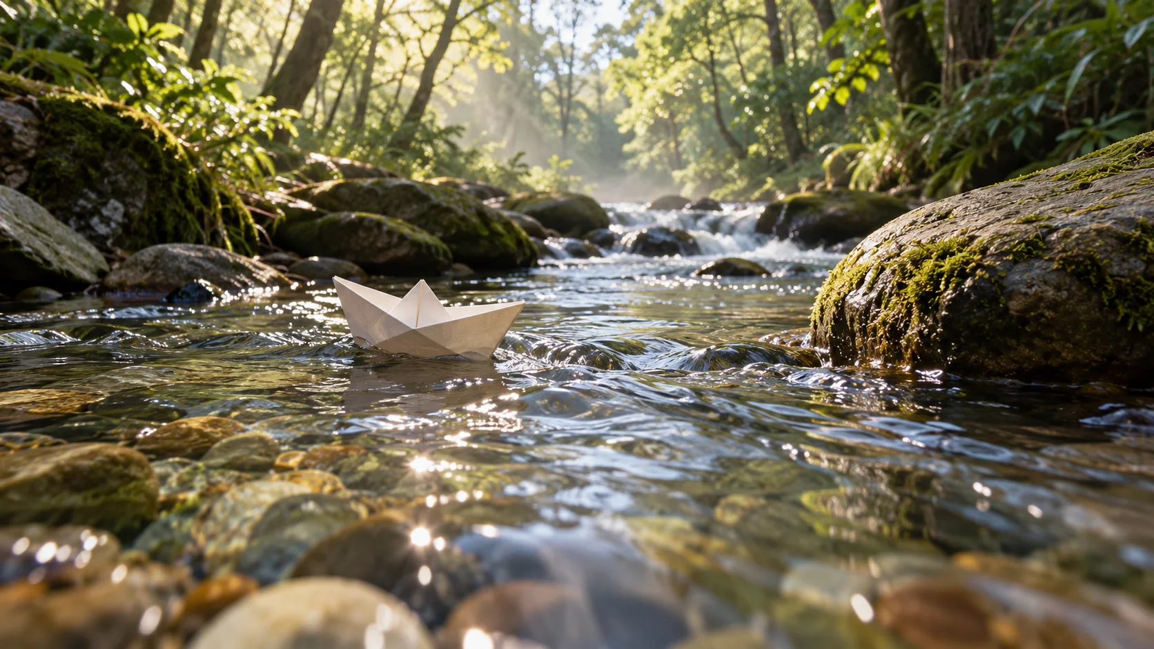 Small paper boat drifting across a calm blue stream