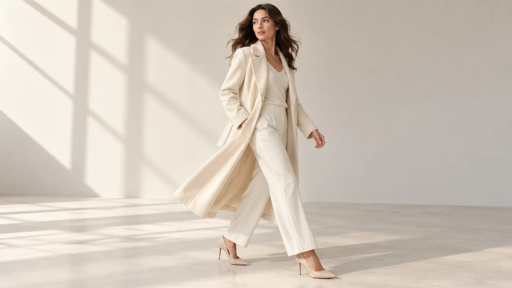 Adult fashion model wearing an ivory coat in a bright studio concept