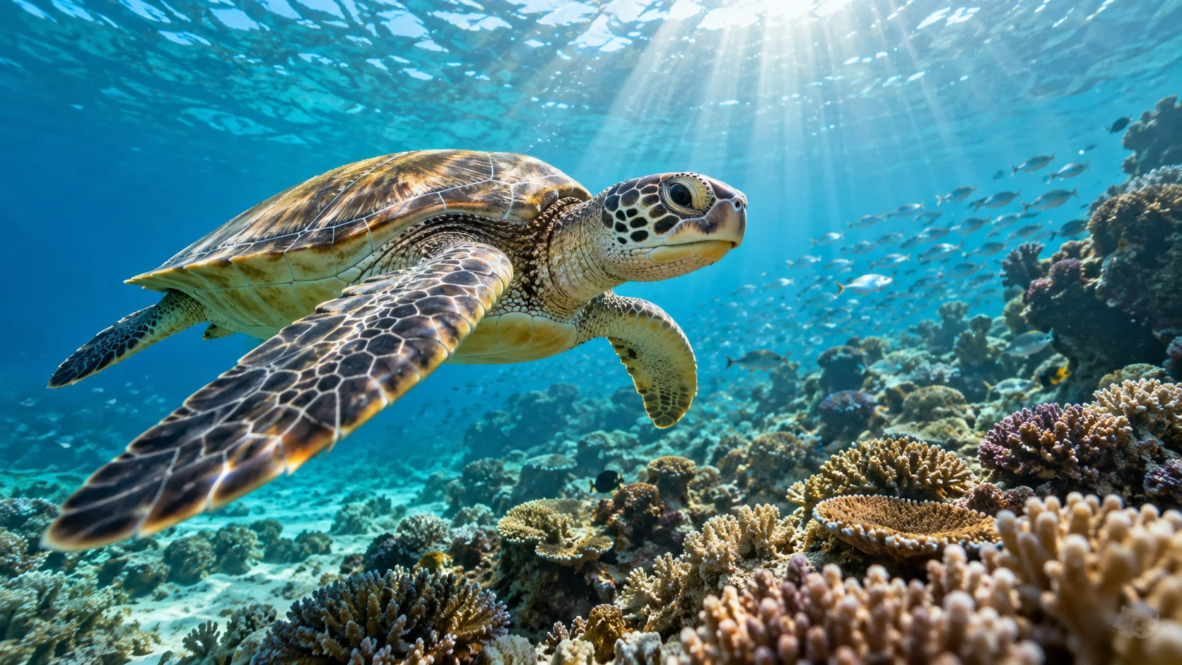 Sea turtle swimming above a reef in clear blue water